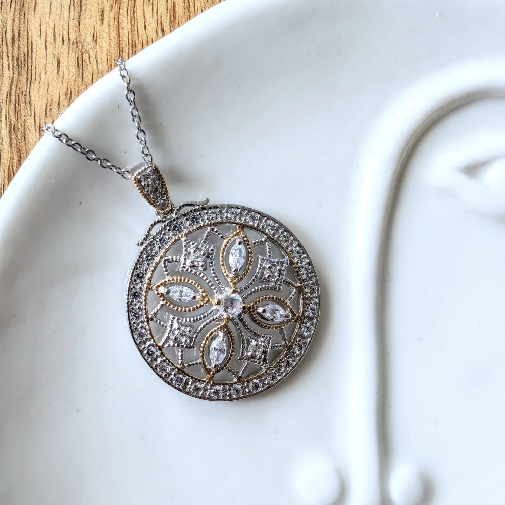 Cubic Zirconia Flower Filigree Pendant Sterling Silver Necklace